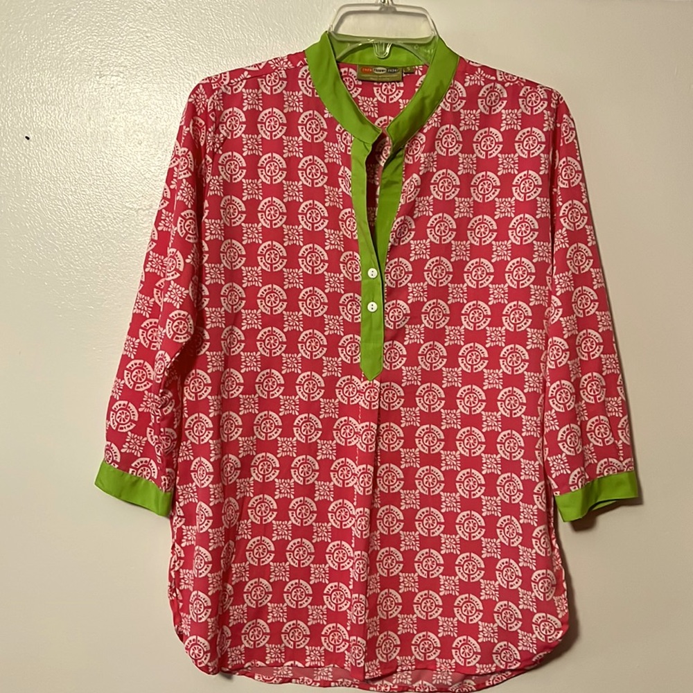 Rock Flower Paper 3/4 Sleeve Pink White Lime Green Top- Lightweight Small